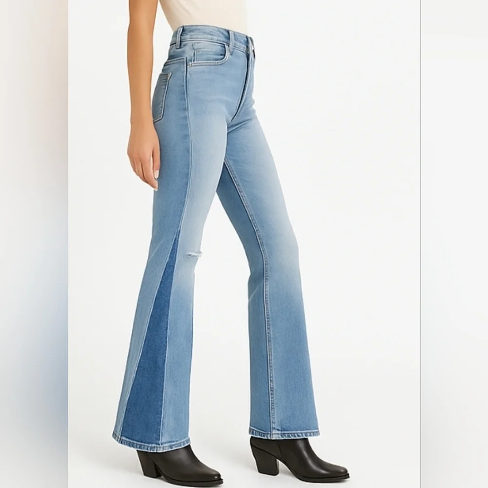 NEW Hudson Faye Jeans | Ultra High Rise Flare | Two-Tone Distressed Denim Sz 31 - Picture 1 of 16